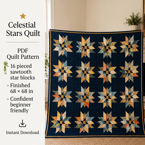 Celestial Stars Quilt Pattern PDF | Modern Star Quilt Pattern | Geometric Patchwork Quilt | Beginner Friendly | Instant Download