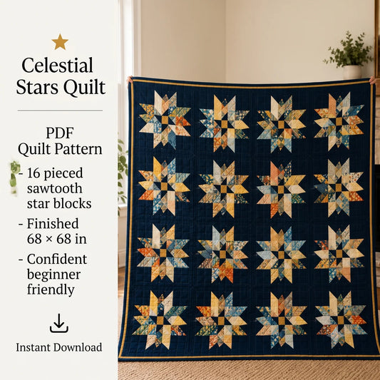 Celestial Stars Quilt Pattern PDF | Modern Star Quilt Pattern | Geometric Patchwork Quilt | Beginner Friendly | Instant Download